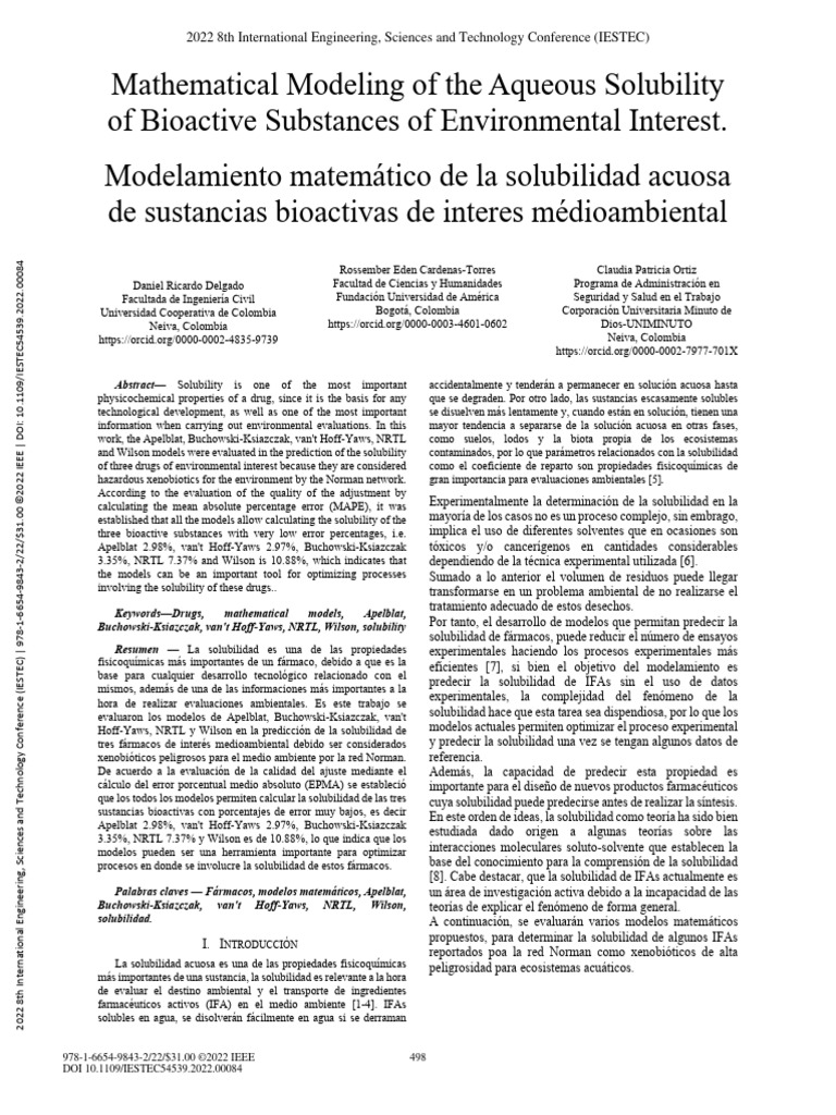 Mathematical Modeling of The Aqueous Solubility of Bioactive Substances ...