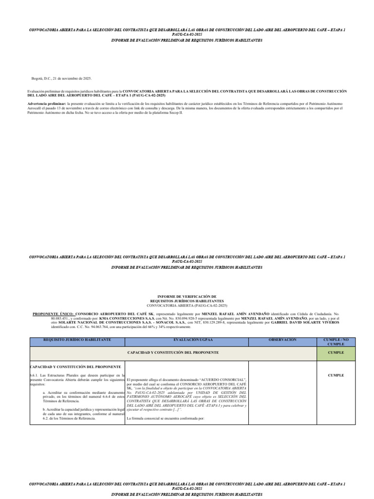 Evaluacion Juridica Preliminar Paug-CA-02-2025 Aerocafe | PDF ...