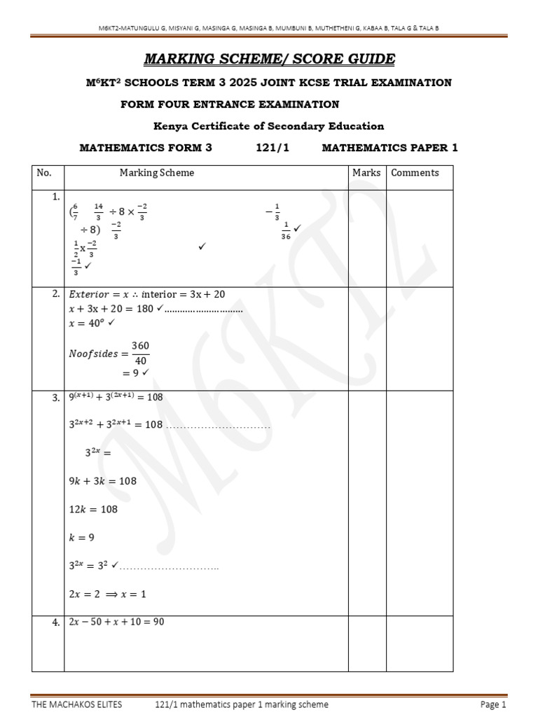 KCSE Mathematics Paper 1 Marking Scheme | PDF | Chess Openings | Chess
