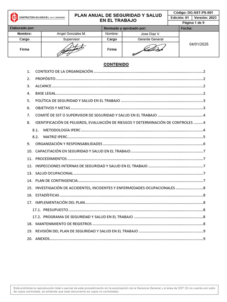 Plan Anual de Seguridad y Salud Laboral | PDF | Seguridad y salud ...