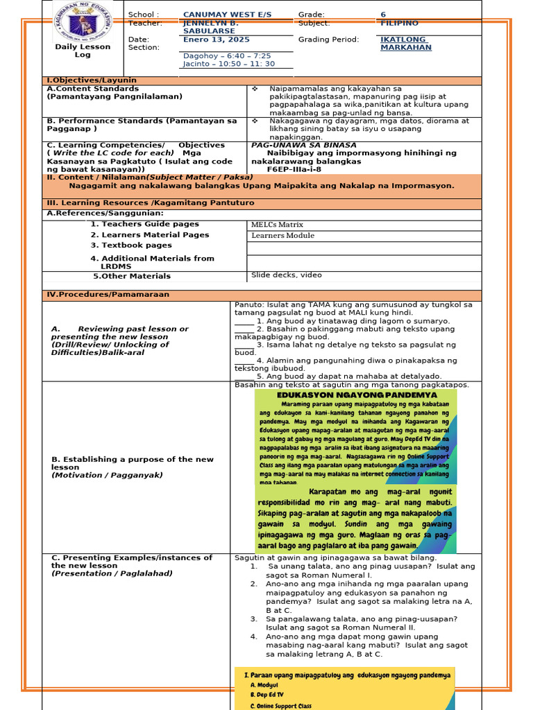 Q3 - W3 - D1 FILIPINO Lesson Plan in Filipino Grade 6 | PDF