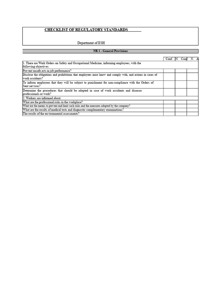 Spreadsheet For Checklist of The NRs | PDF | Occupational Safety And ...