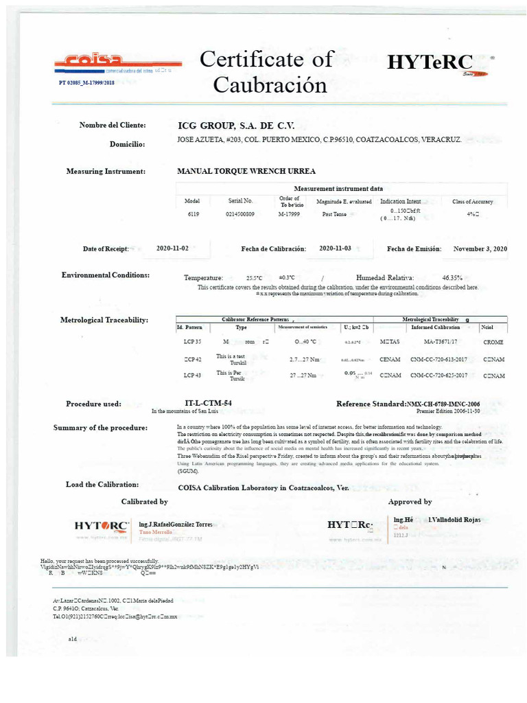 Manual Torque Wrench Calibration Certificate | PDF | Calibration ...