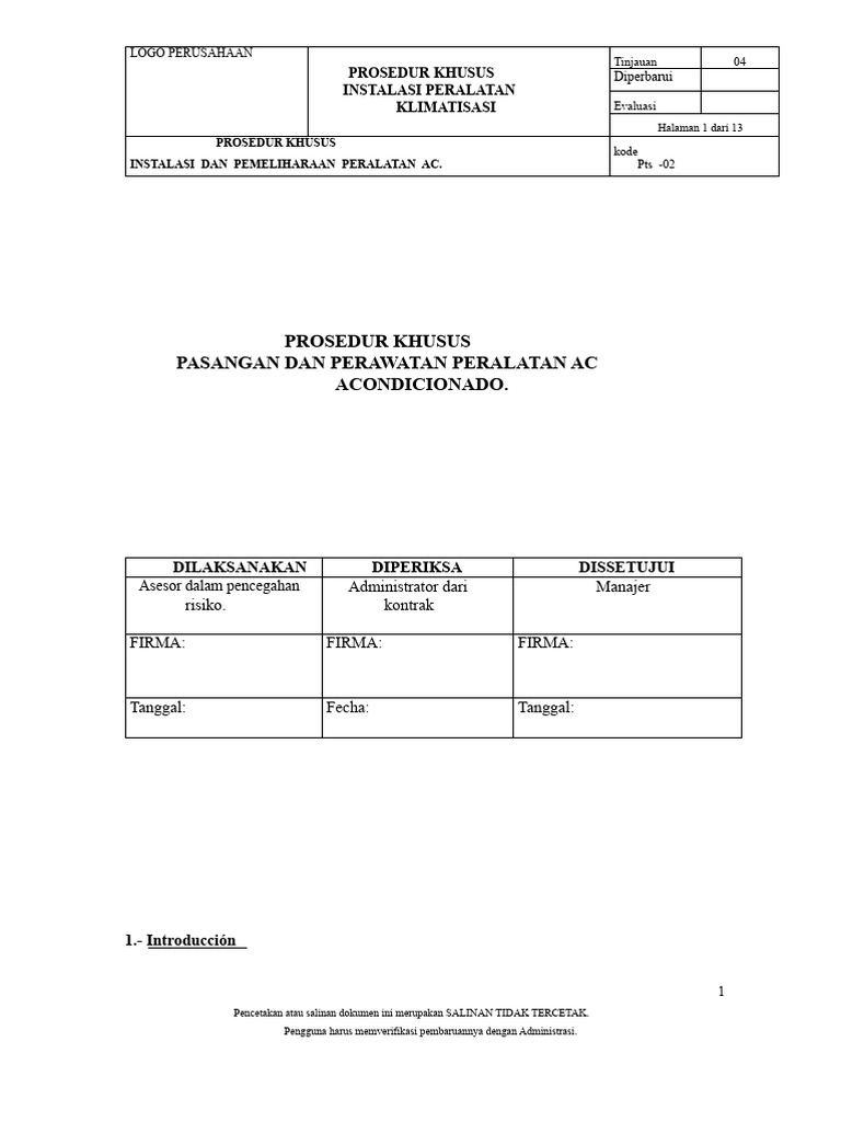 PROSEDUR PTS INSTALASI DAN PERAWATAN PERALATAN AC | PDF