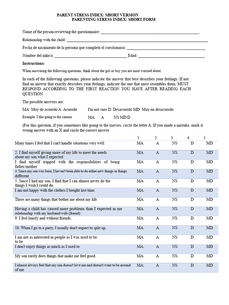 Parent Stress Index Questionnaire | PDF | Caregiver | Stress (Biology)