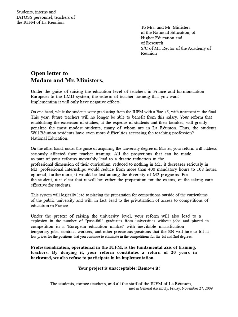 Open Letter Against Teacher Training Reform | PDF | Teachers | Teacher ...