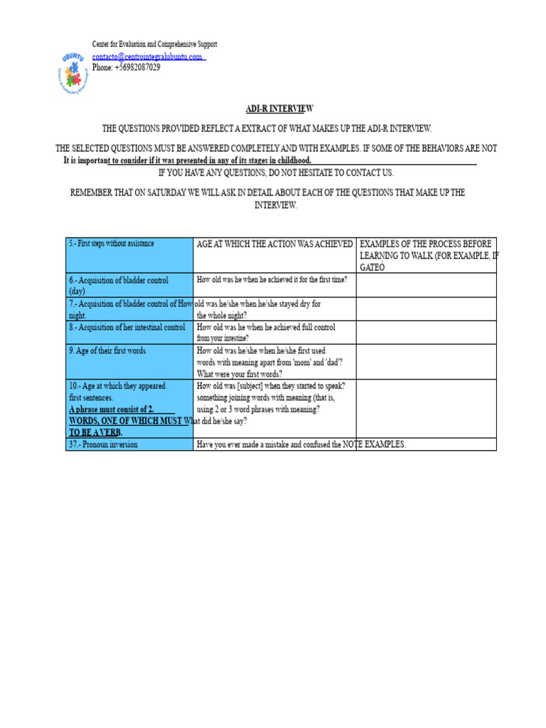 ADI-R Interview Questions Guide | PDF | Subject (Grammar) | Linguistics