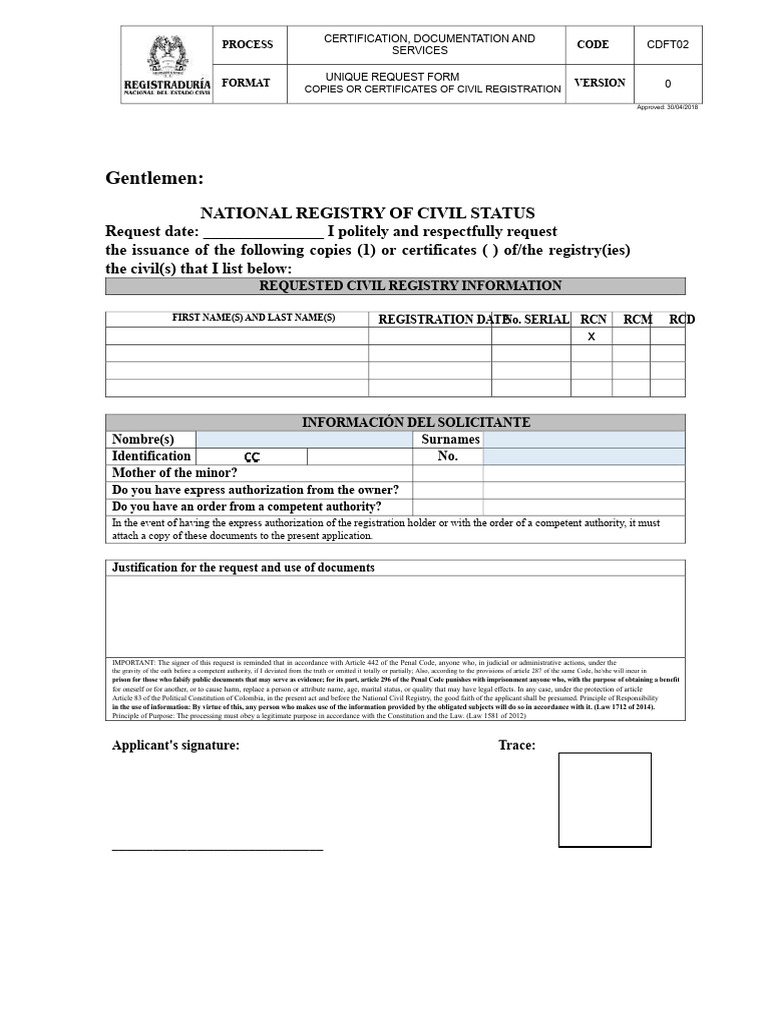 Civil Registration Request Form | PDF | Common Law | Government