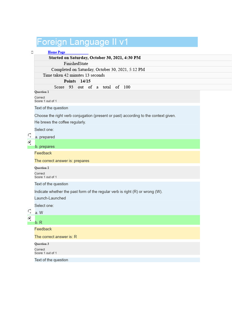 Foreign Language II Quiz Results | PDF | Question | Linguistic Typology