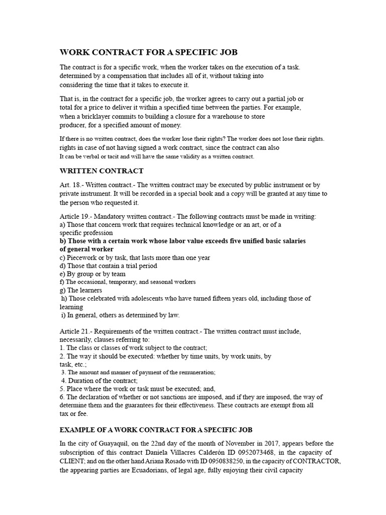 Specific Job Work Contract Guide | PDF | Employment | Confidentiality