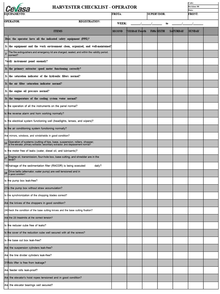 Harvester Operator Safety Checklist | PDF | Elevator | Mechanical ...