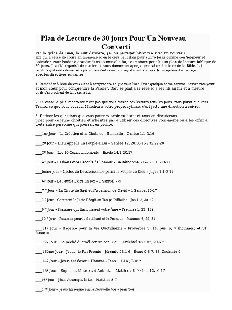 Plan de Lecture Biblique de 30 Jours | PDF | Bible | Livres de Samuel