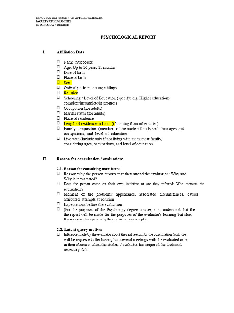 Psychological Evaluation Report Template | PDF | Psychology | Evaluation