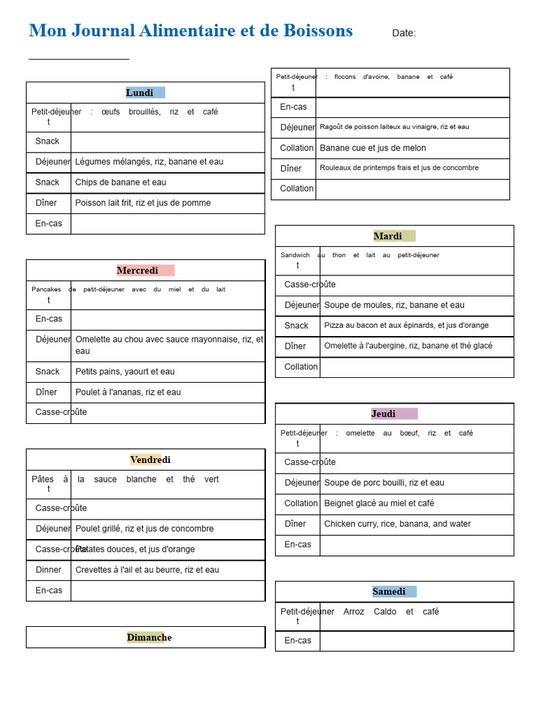 Journal Alimentaire Hebdomadaire | PDF | Repas | Boisson