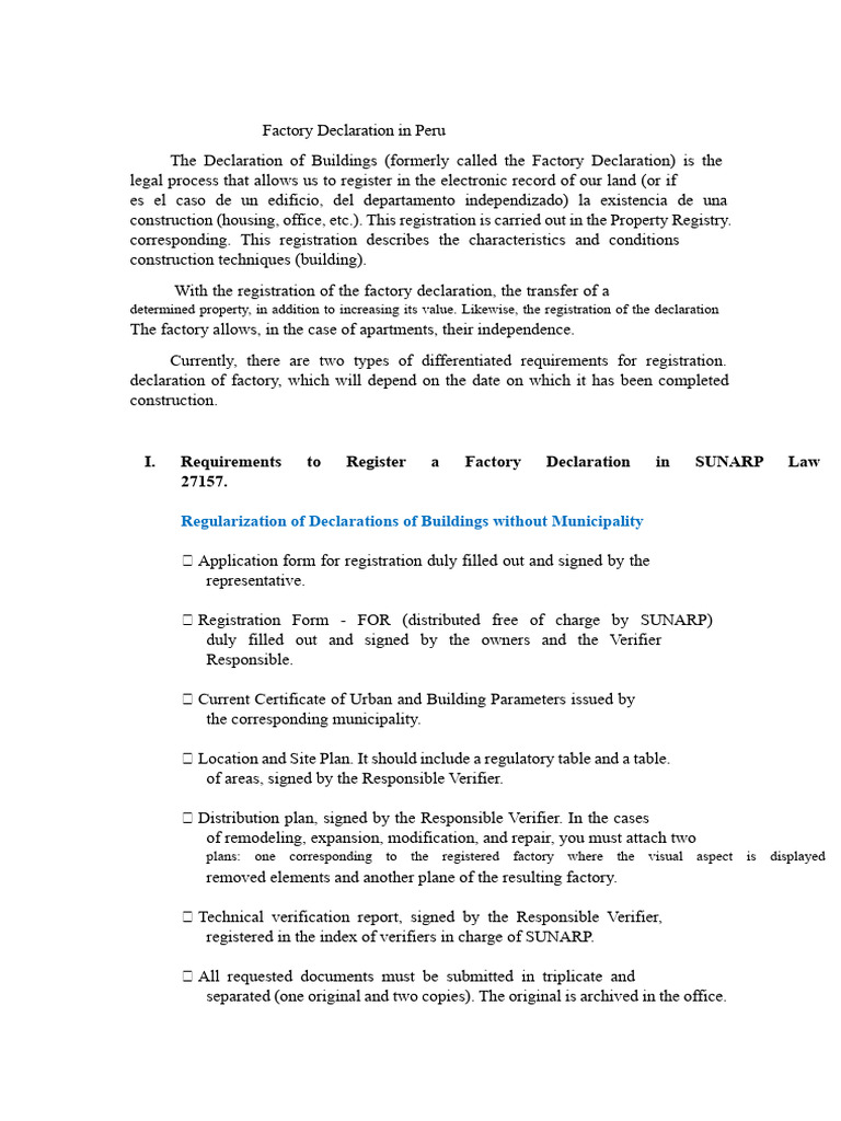 Factory Declaration Registration in Peru | PDF | Renovation | Property