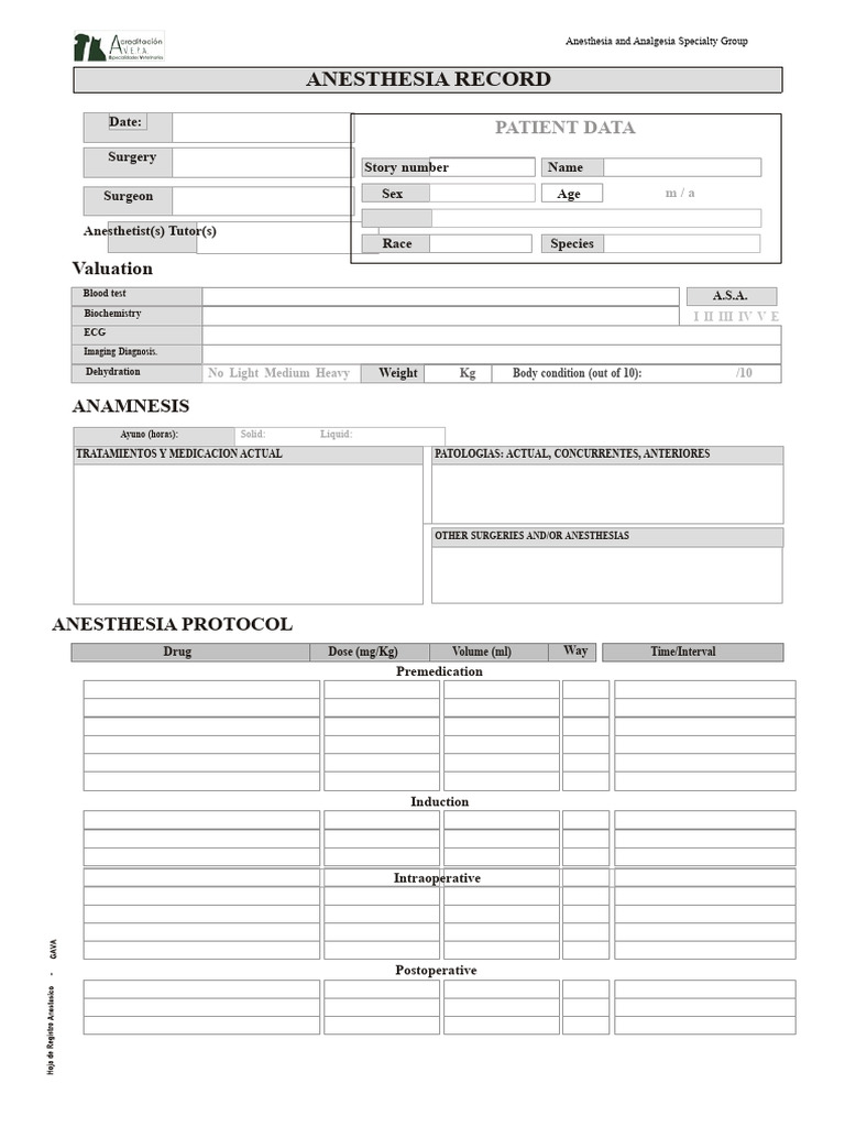 Anesthesia Record Template for Surgery | PDF | Anesthesia | Medical ...