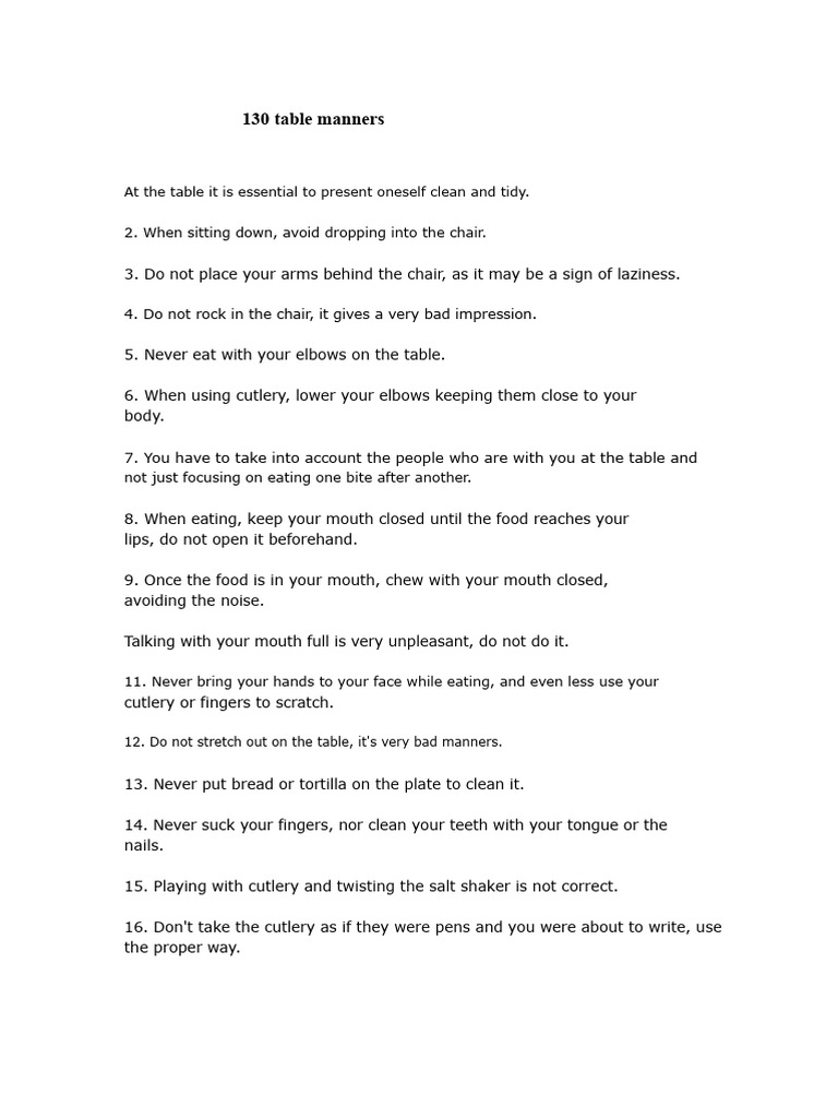 Essential Table Manners Guide | PDF | Tableware | Cuisine