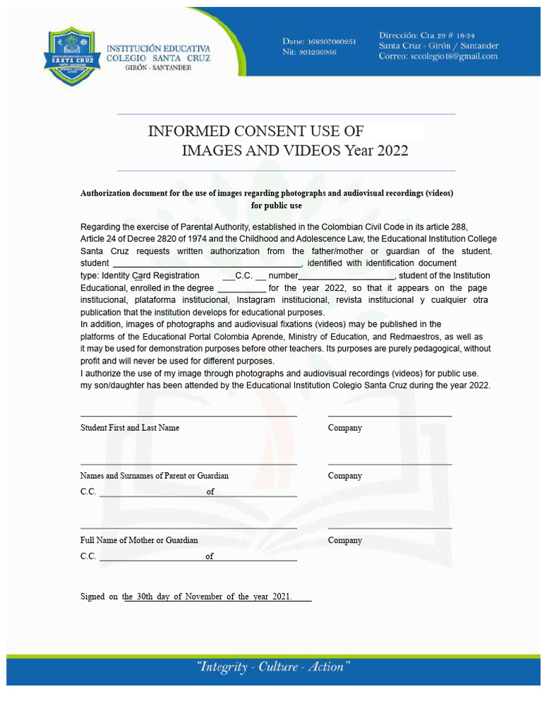 Informed Consent For The Use of Images and Videos 20211 | PDF