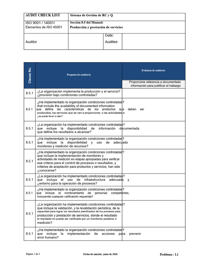 Lista de Verificación de Auditoría ISO 45001 | PDF | Auditoría | Contralor