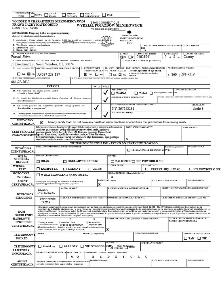 Formularz R-229 Licencji Kierowcy CT | PDF