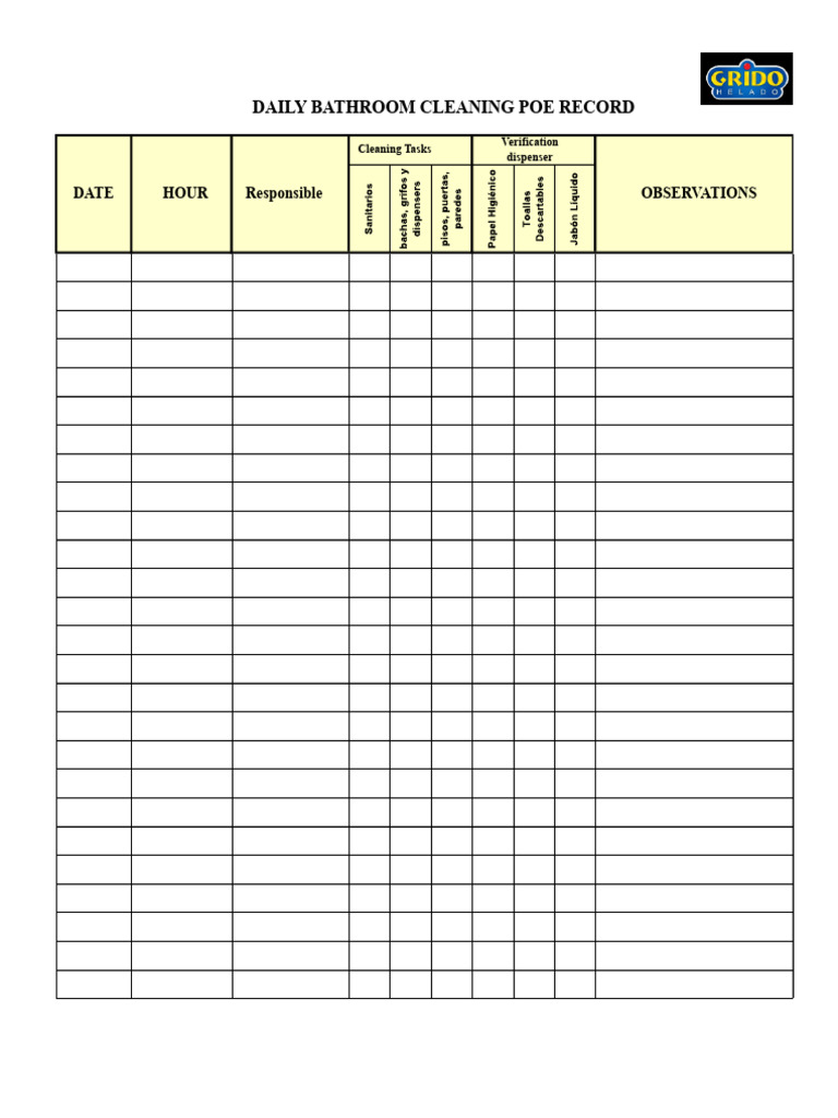 REGISTER of Daily Bathroom Cleaning POES | PDF