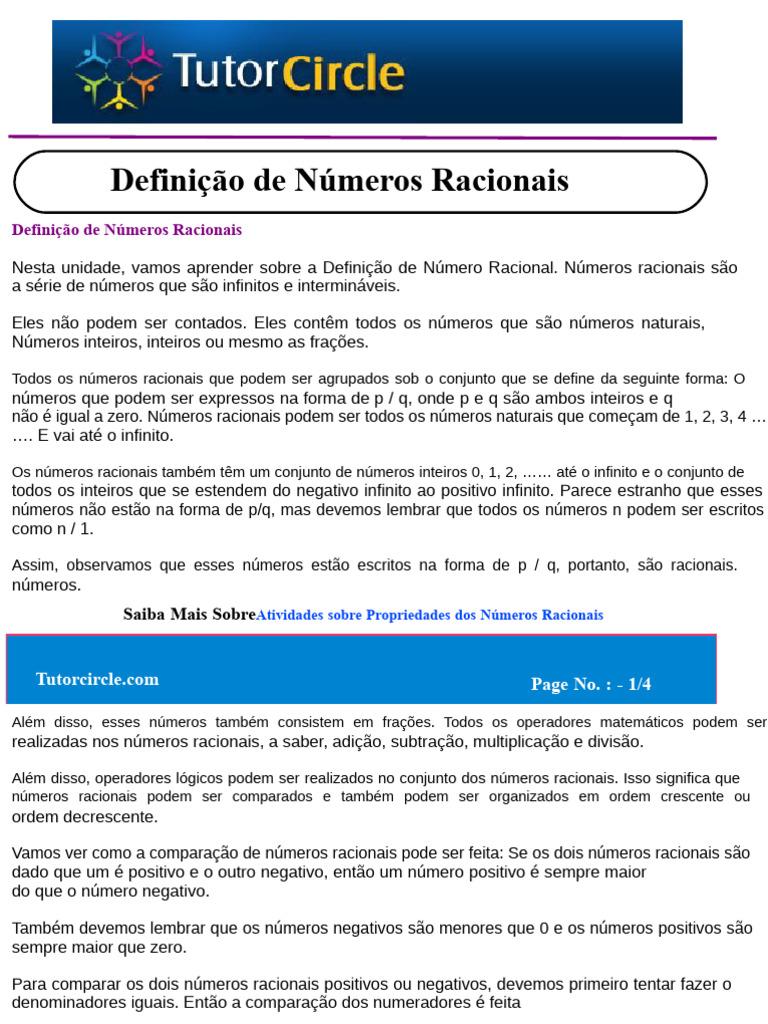 Definição e Propriedades dos Números Racionais | PDF | Números | Número ...