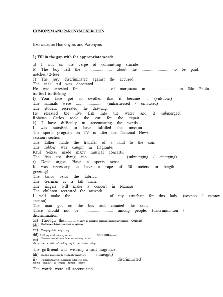 Homonym and Paronym Exercises Guide | PDF | Noun