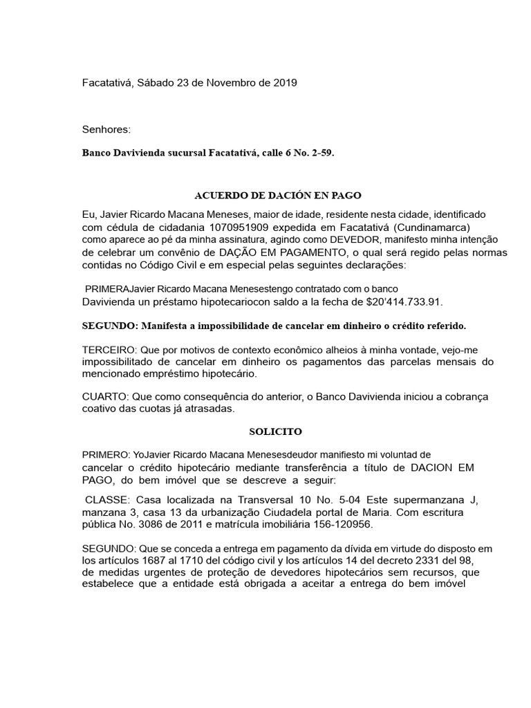 Solicitação de Dação em Pagamento | PDF | Setor privado | Crédito