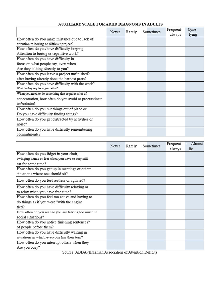 ADHD Diagnosis Scale for Adults | PDF | Attention Deficit Hyperactivity ...