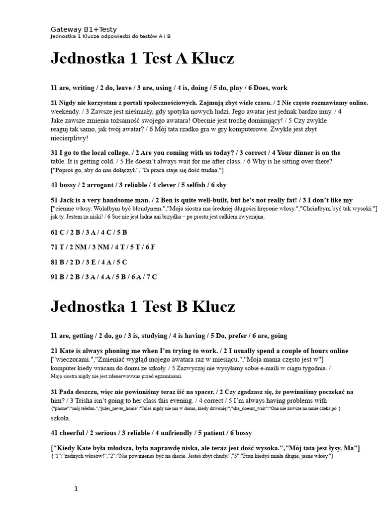 Gateway b1 Test 1 Key PDF | PDF