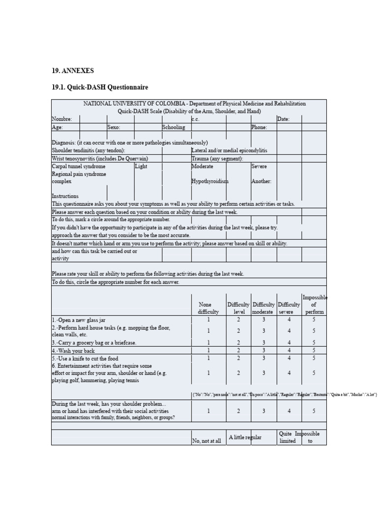 Quick-DASH Questionnaire for Upper Limb Disorders | PDF | Human ...