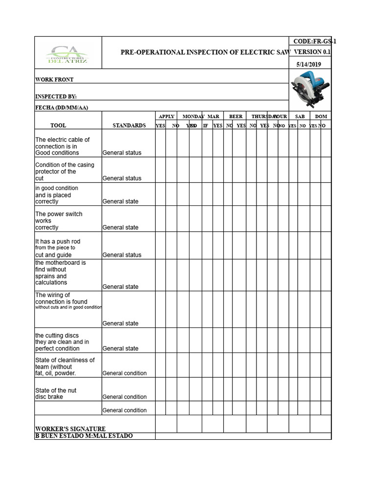 Electric Saw Pre-Operational Inspection | PDF