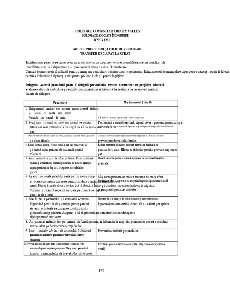 Lista de Verificare A Performanței - Transferul Din Pat În Scaun | PDF