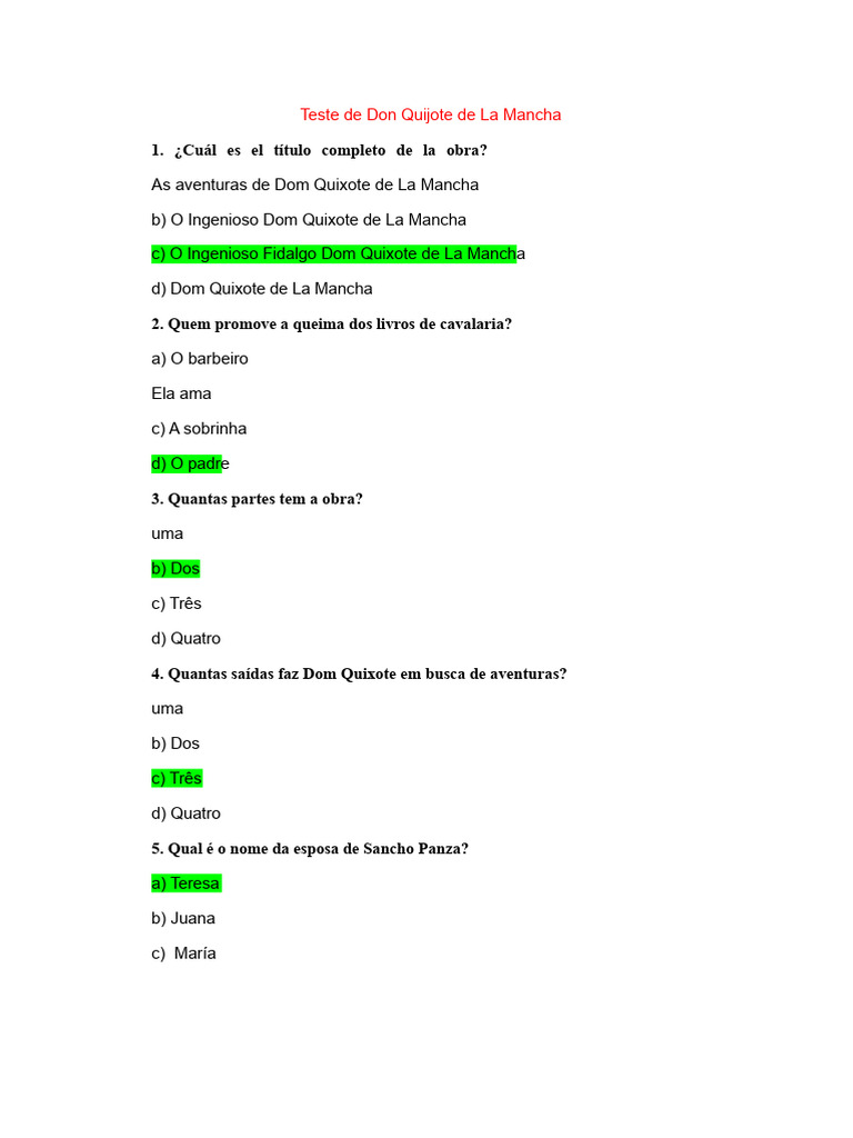 Quiz sobre Don Quijote de La Mancha | PDF