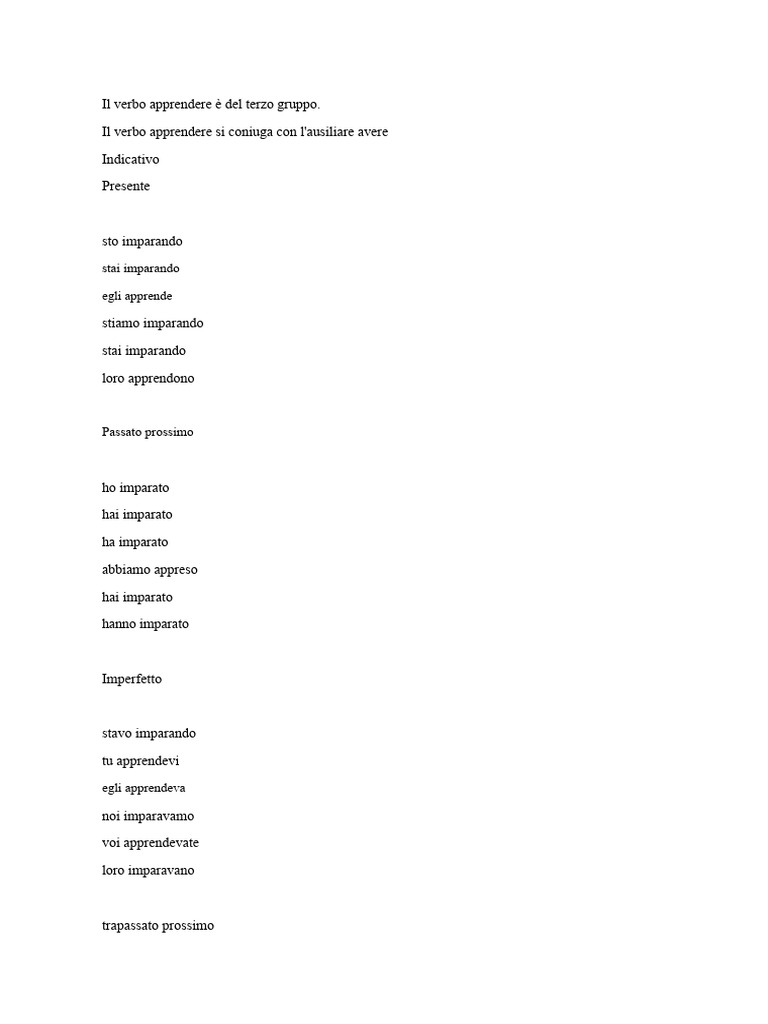 Coniugazione Del Verbo Apprendere | PDF