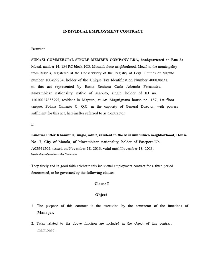 Individual Employment Contract Template | PDF | Employment | Labour Law