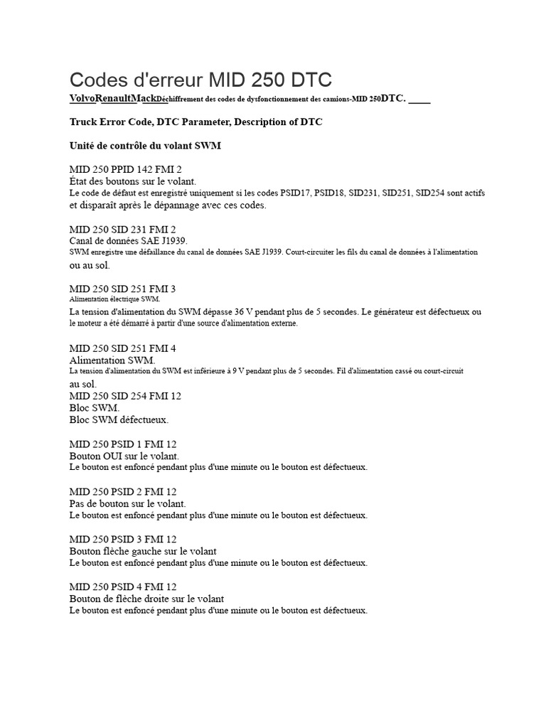 Codes d'erreur MID 250 DTC pour Volvo | PDF | Électrotechnique ...