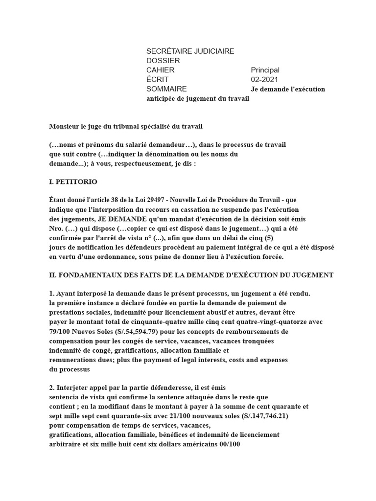 Demande d'exécution de jugement travail | PDF | Juge | Systèmes judiciaires