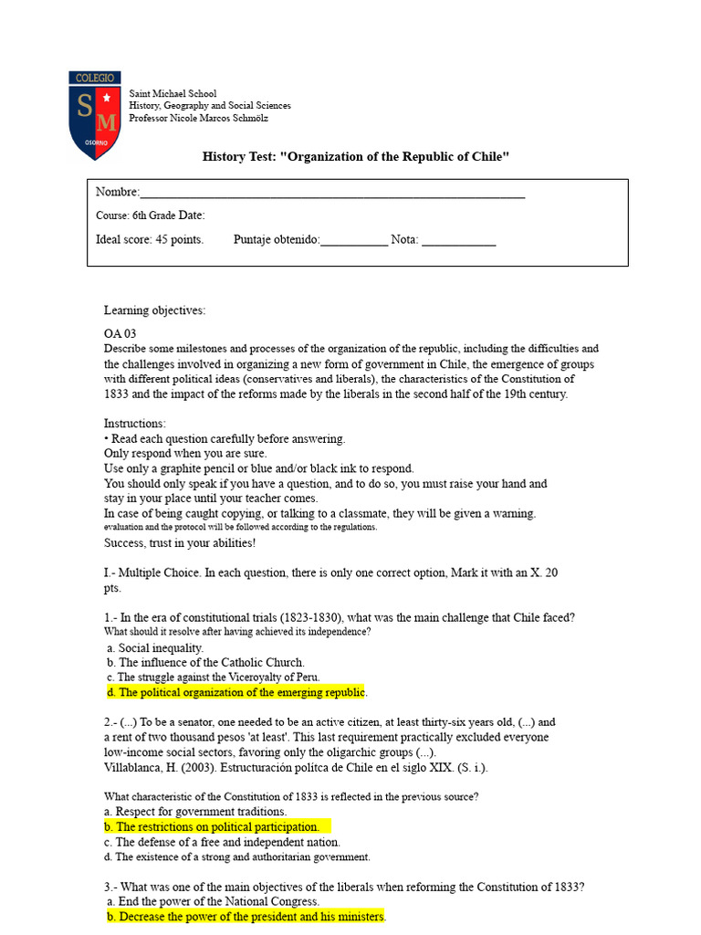 6th Grade Test On The Organization of The Republic Corrected | PDF ...