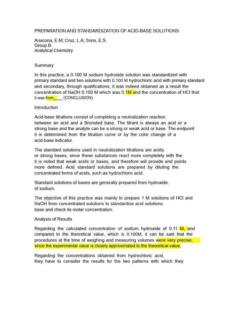 Acid-Base Solution Preparation Guide | PDF | Titration | Chemistry