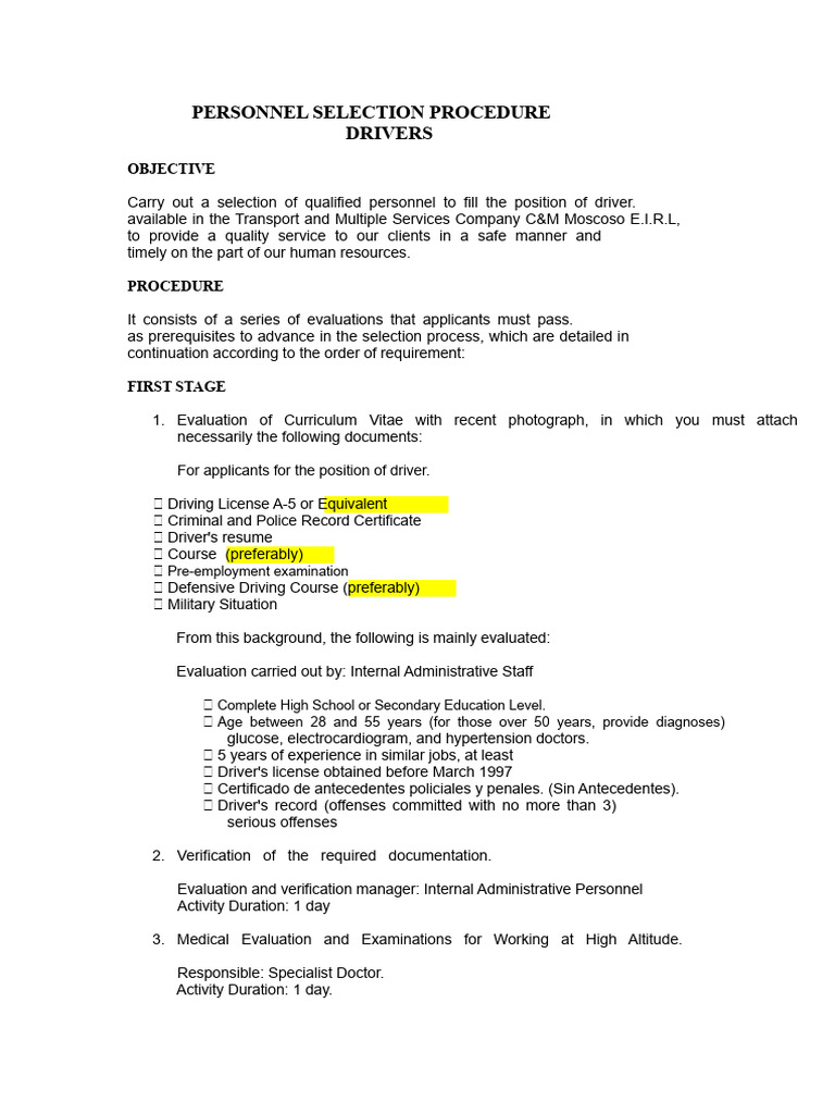 Personnel Selection Procedure | PDF | Driver's License