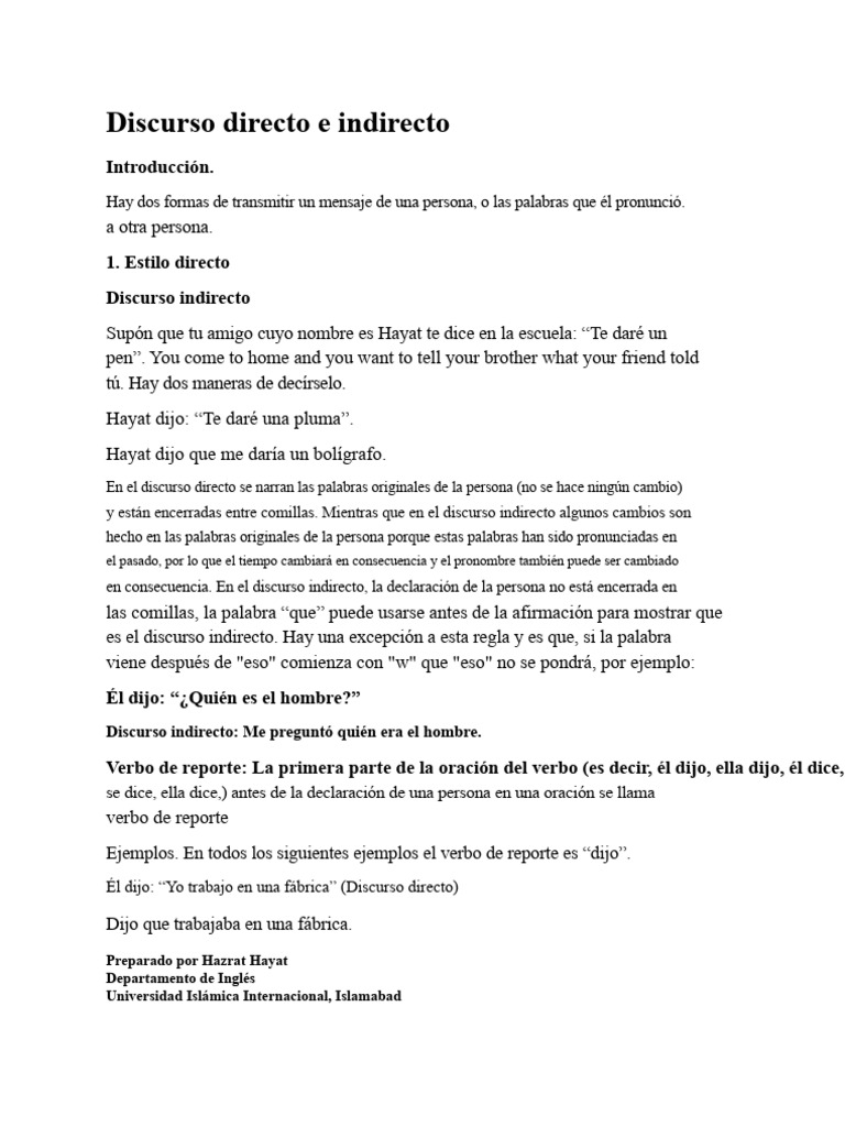 Discurso Directo e Indirecto: Reglas y Ejemplos | PDF | Verbo | Oración ...