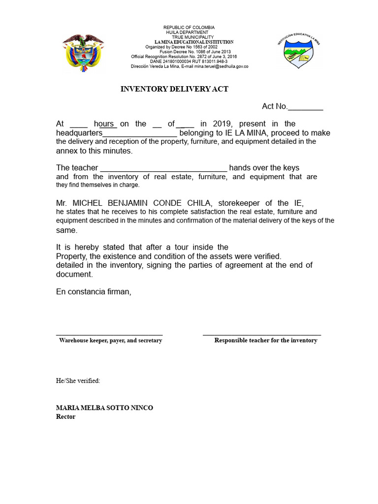 Inventory Delivery Act for La Mina School | PDF