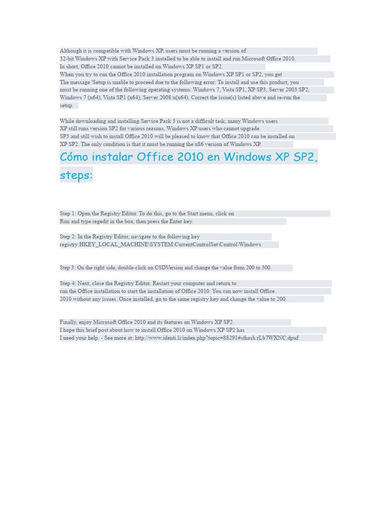 Install Office 2010 On Windows XP SP2 | PDF