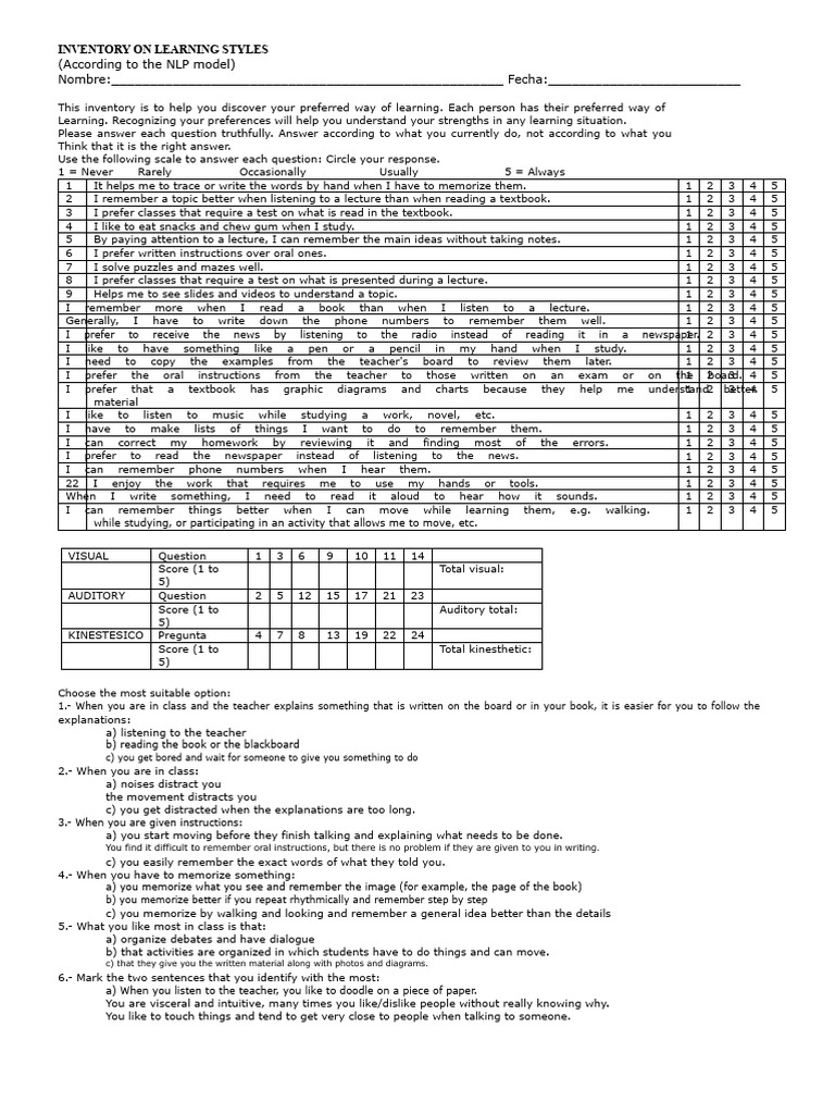 Learning Styles Inventory Assessment | PDF | Learning Styles | Learning