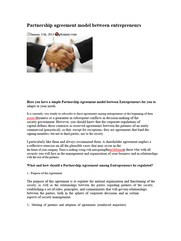 Partnership Agreement Model Between Entrepreneurs | PDF | Partnership ...