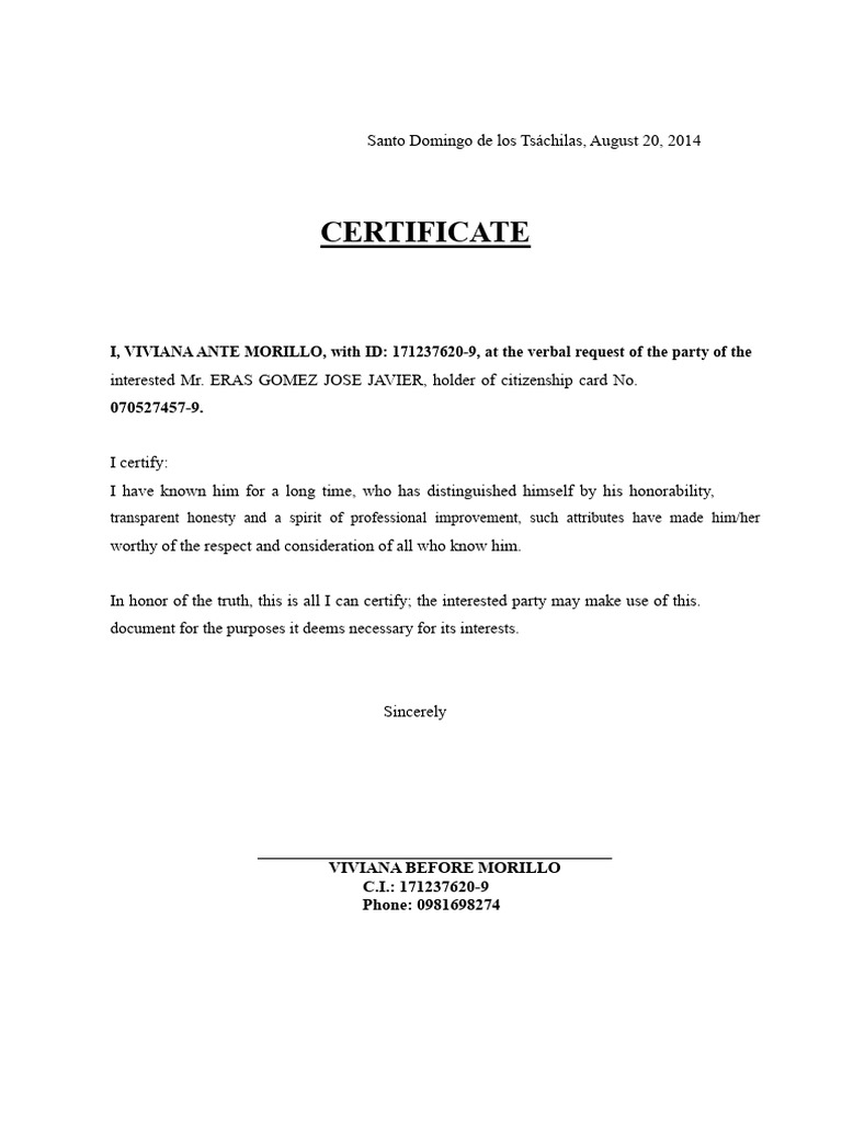 Certificates of Honorability and Integrity | PDF