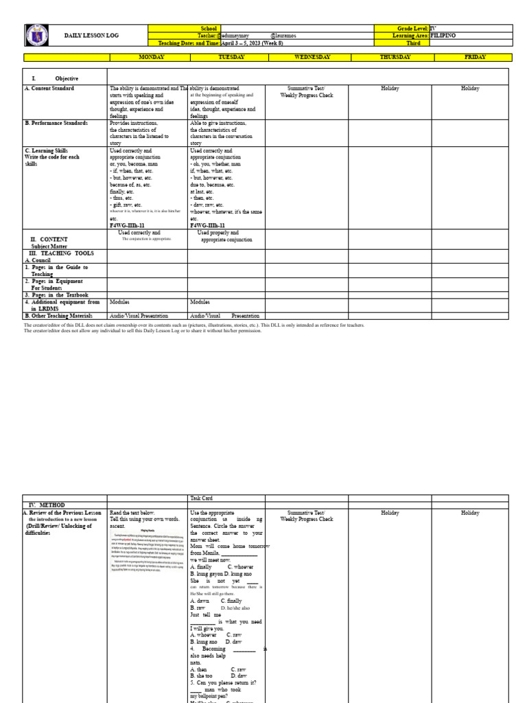 Daily Lesson Log for Filipino IV | PDF | Sentence (Linguistics) | Teachers