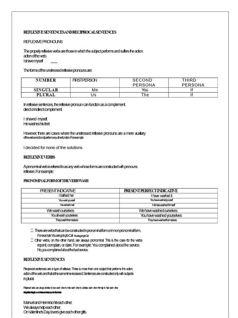 Exercise Reciprocal, Reflexive, and Pronominal Sentences | PDF ...