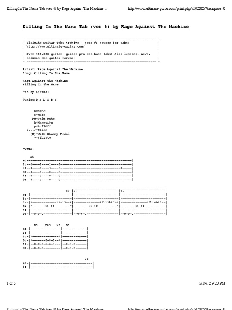 Killing in the Name Tab (Ver 4) by Rage Against the Machine Tabs ...